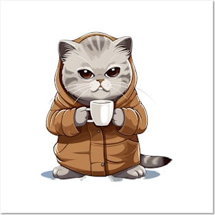 Scottish Fold Cat Drinking Coffee Posters and Art